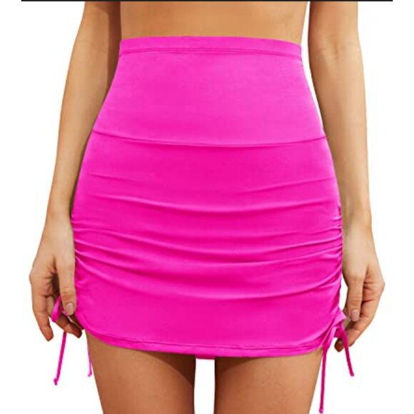 NWT SZ M Women's Tummy Control Ruched Drawstring High Waist Swim Skirt-Neon Pink - Picture 1 of 8